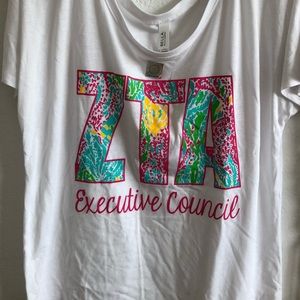 Bella white off shoulder tee ZTA exec council